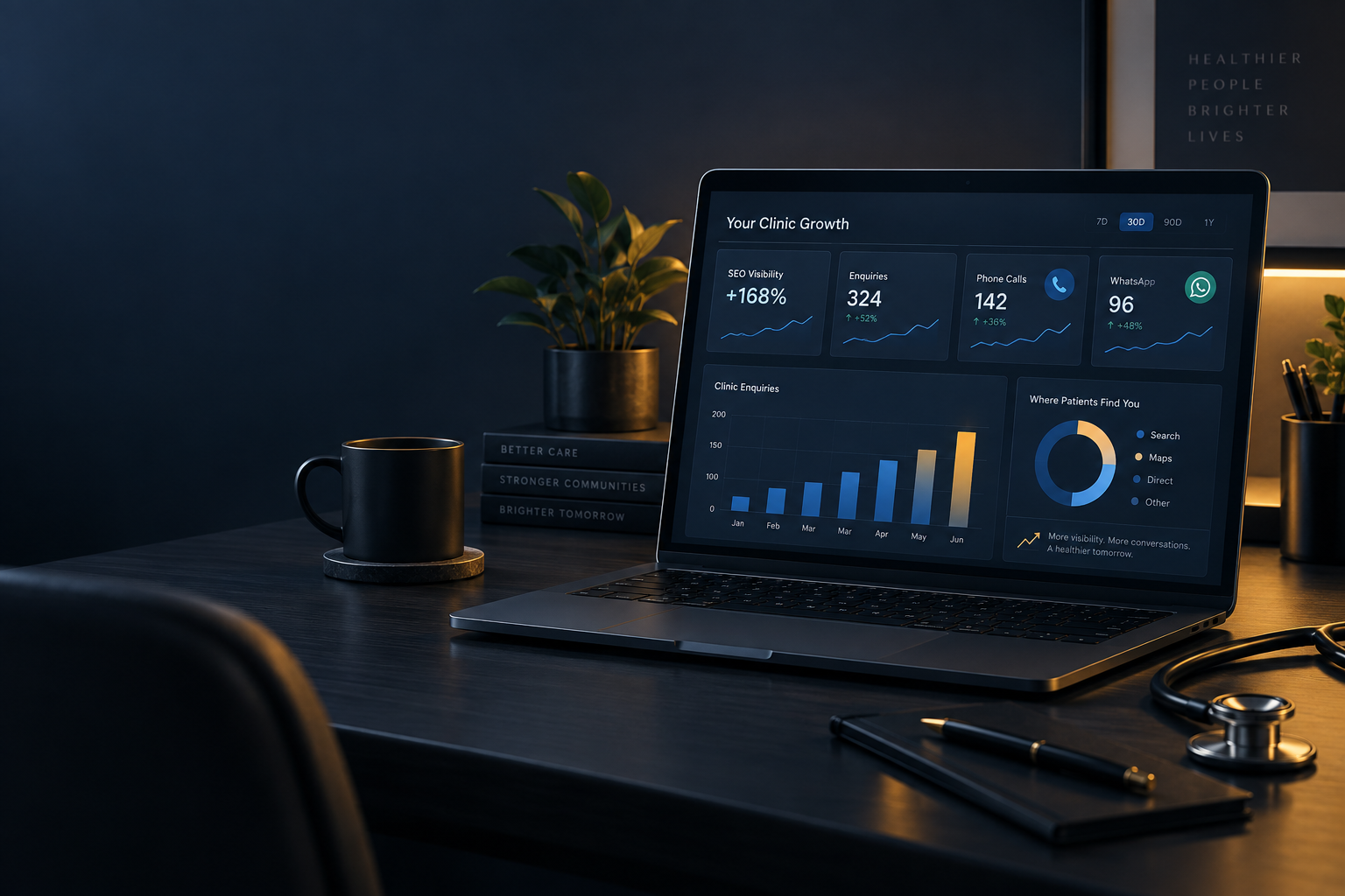 Healthcare growth dashboard showing search visibility and enquiry tracking